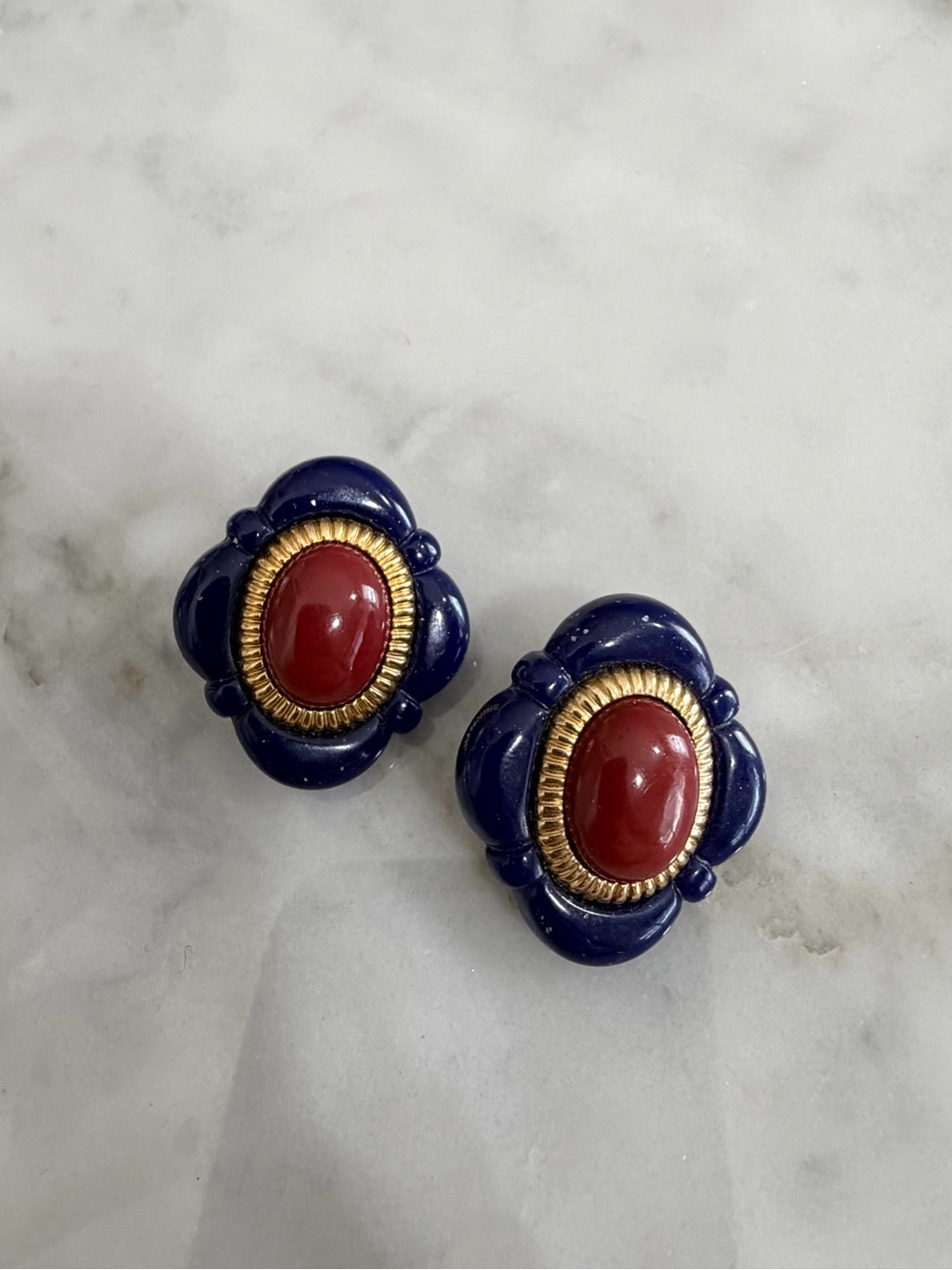 Vintage Cobalt Blue & Red Cabochon Statement Earrings